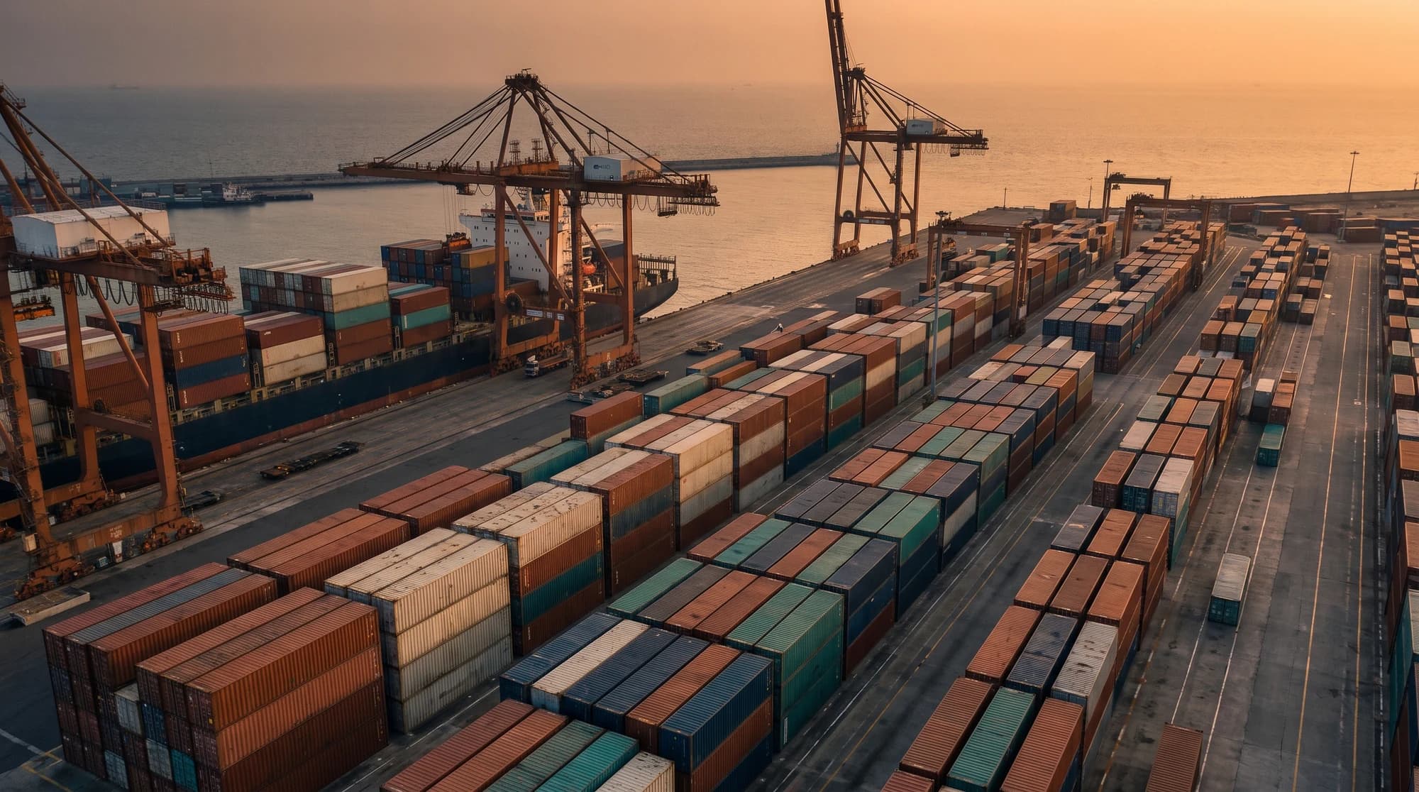 Illustrative aerial view of shipping containers, cranes and a cargo vessel at golden hour